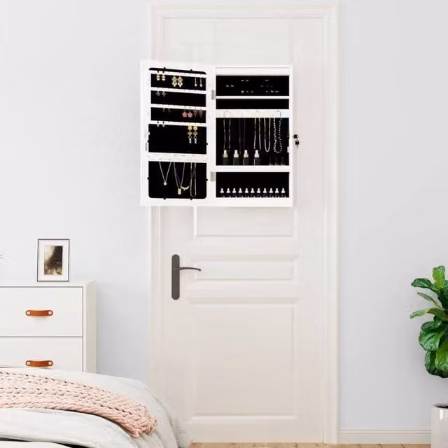 Berkfield Home White Mirror Jewellery Cabinet with LED Lights, Wall Mounted, W: 37.5 cm, D: 10.0 cm, H: 67.0 cm
