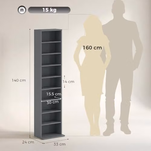 HOMCOM Grey Media Storage Unit with 9 Compartments and Adjustable Shelves, H 140 x W 33 x D 24 cm – 4