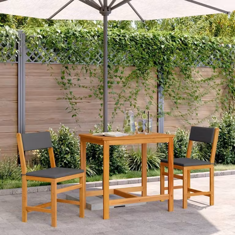 Berkfield Home Beautiful 3 Piece Acacia Wood Balcony Set with Grey Cushions in Brown