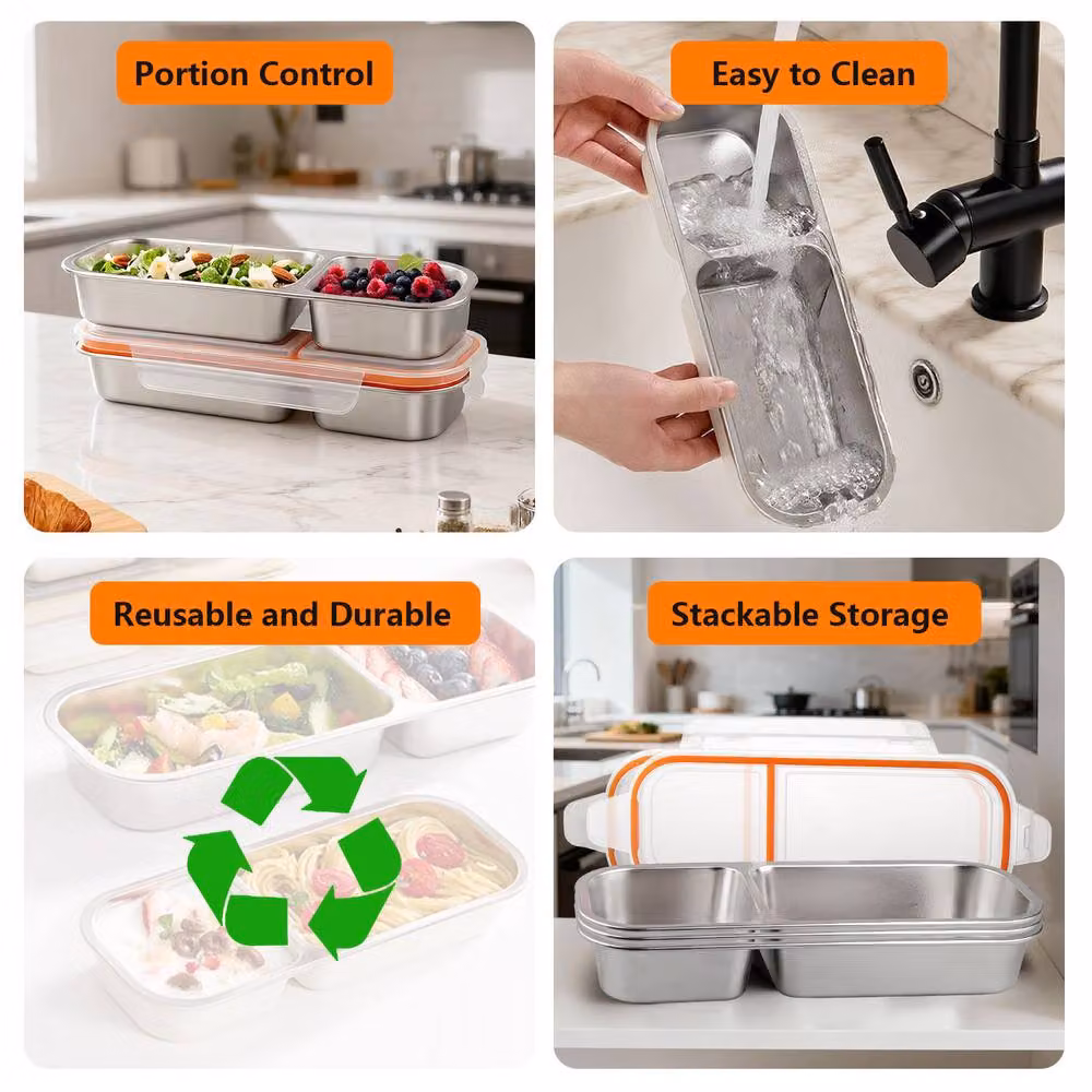 Greentainer 3-Pack Silver Stainless Steel 2-Compartment Bento Box with Lid – 5