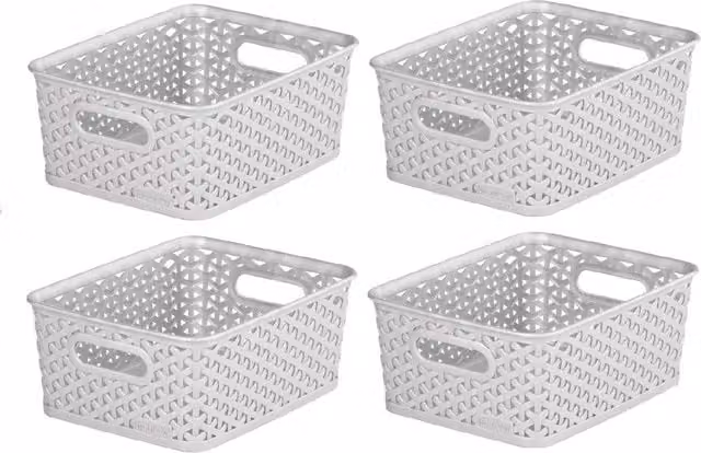 Curver Grey Nestable Plastic Rattan Storage Basket 4L W: 25.5 cm, D: 19.5 cm, H: 10.0 cm