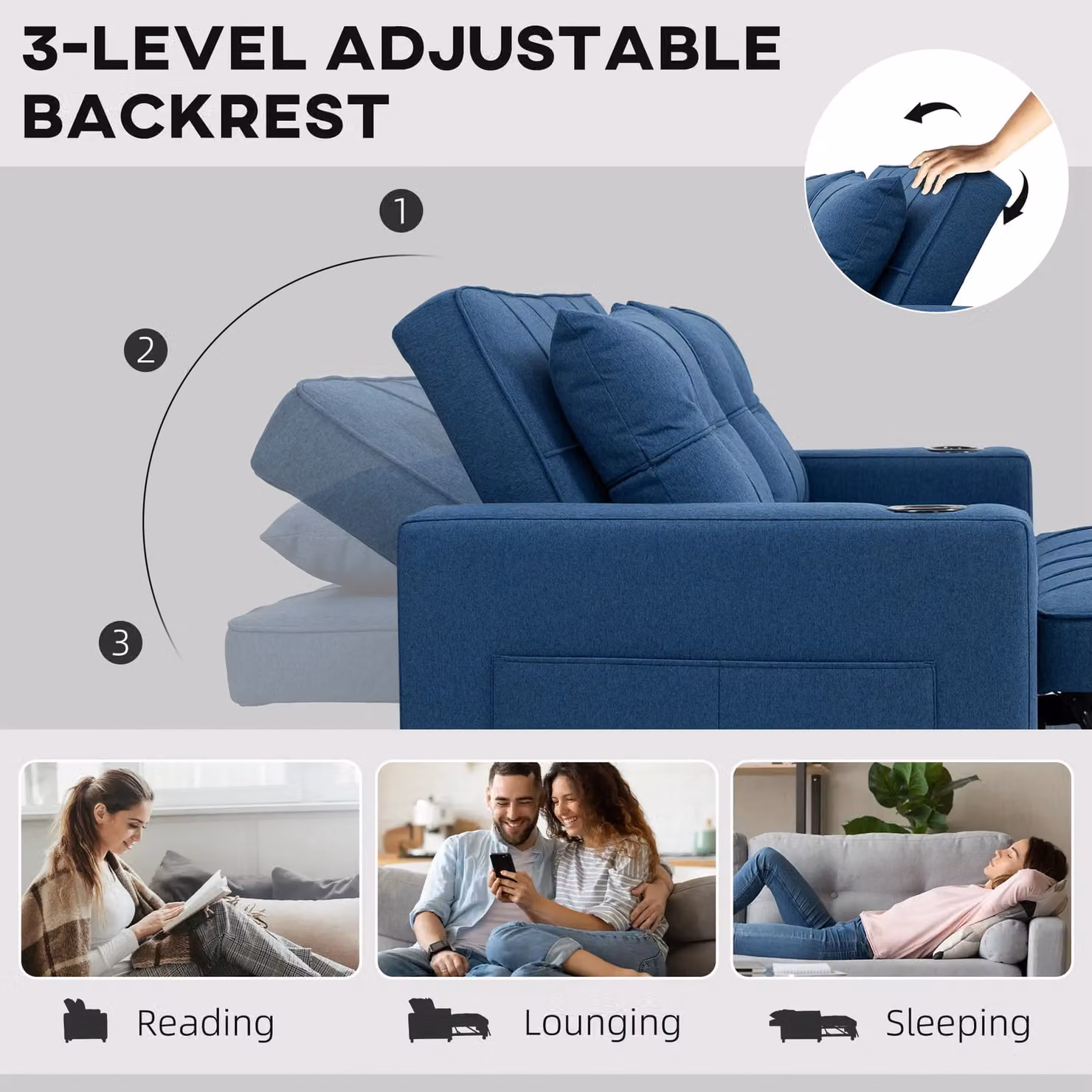 HOMCOM 2 Seater Pull Out Sofa Bed with Fabric Upholstery and Scatter Cushions in Blue – 5