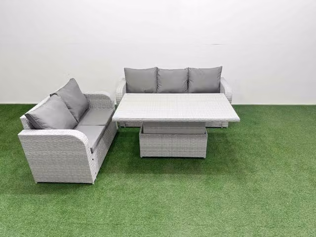 Fimous 5 Seater Grey PE Rattan Wicker Garden Furniture Set with Adjustable Lifting Dining or Coffee Table, 3 Seater Sofa and Love Seat