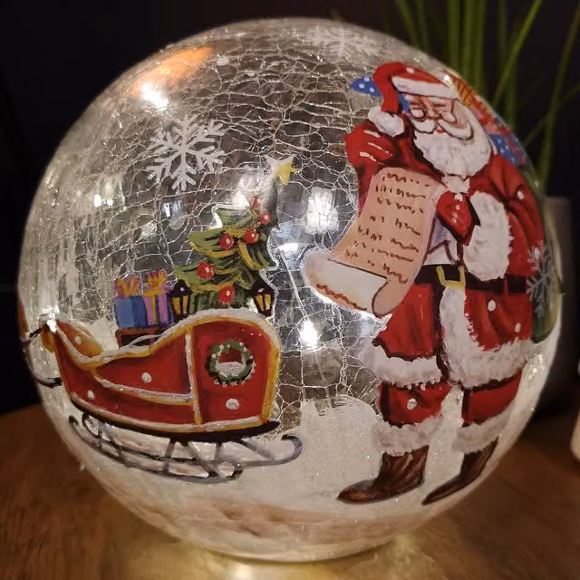 Samuel Alexander White LED Crackle Effect Glass Christmas Ball Decoration with Santa, Diameter: 20 cm