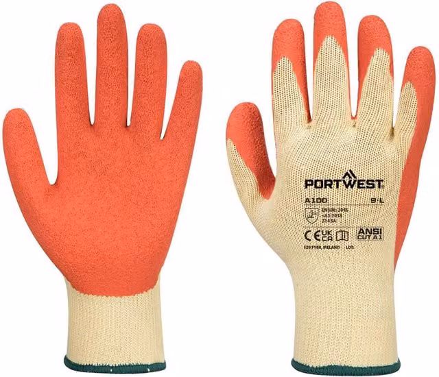 Portwest A100 Latex Grip Gloves in Orange, Size: Small – 1