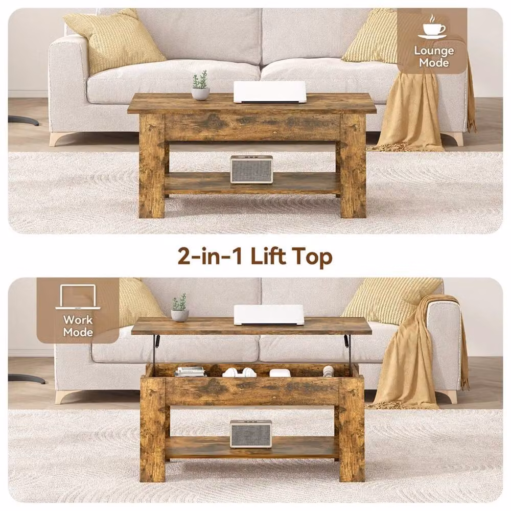 Nordara Brown Wooden Rectangular Coffee Table with Lift Up Top and Hidden Storage Shelf – 4