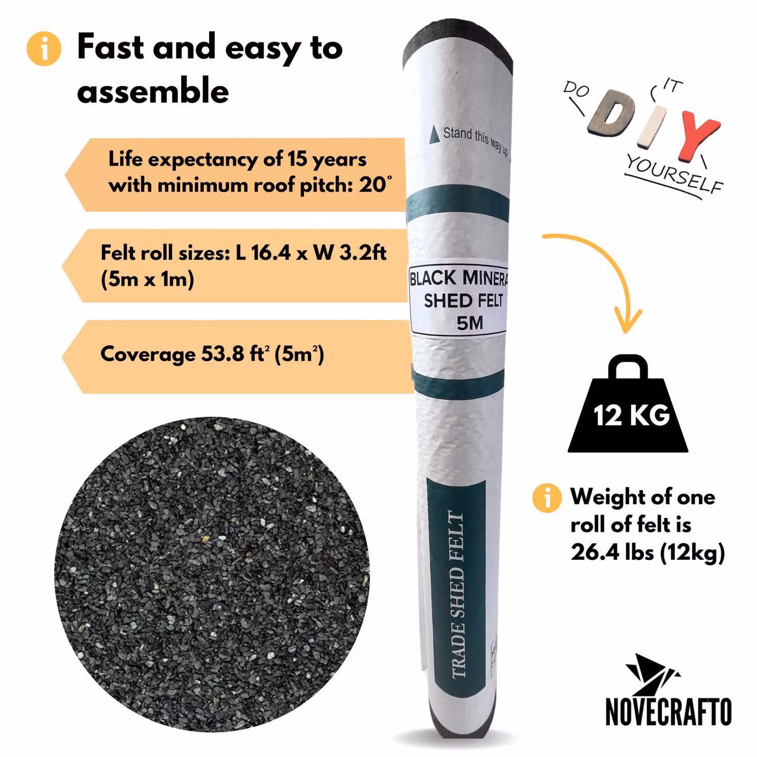 Novecrafto Heavy-Duty Mineral Shed Roofing Felt, Standard Grade, Black, W: 1 m, L: 5 m – 3