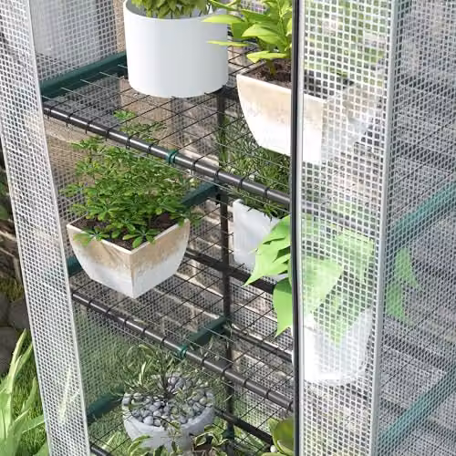 Outsunny 5 Tier Mini Greenhouse with PE Cover and Roll Up Door, White/Grey, W/D/H: 69 x 49 x 193 cm – 5