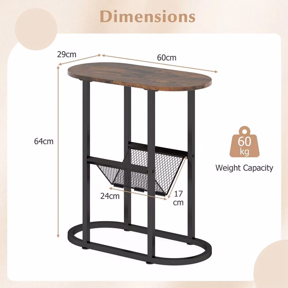 VOGREX Set of 2 Brown 2-Tier Oval Side Tables with Magazine Rack and Sled Base – 2