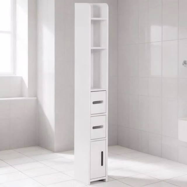 ERGOVEXA Modern White Freestanding Bathroom Storage Cabinet with Hinged Doors and Internal Shelves, W/D/H: 120 x 17 x 3 cm – 1