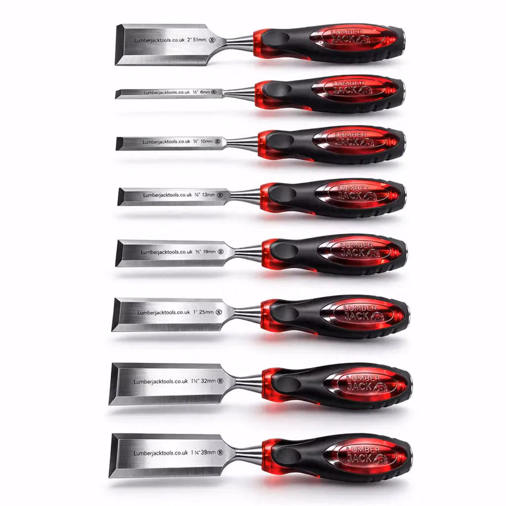 Lumberjack 8 Piece Bevel Edge Chisel Set with Strike Proof Caps in Red with Wooden Case – 3