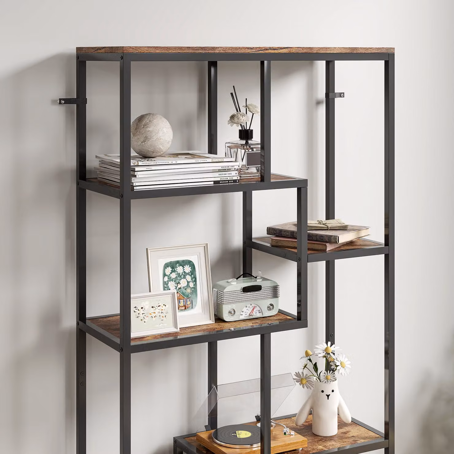 HOMCOM Seven-Tier Geometric Minimalist Metal Bookcase in Brown and Black – 5