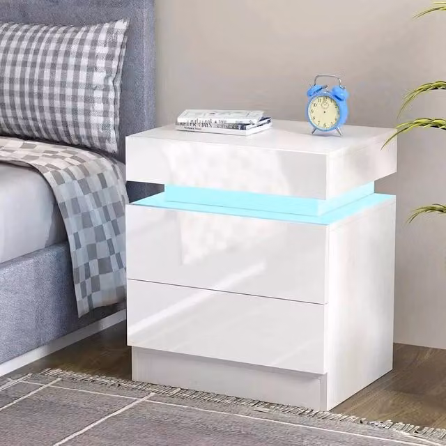 EONLION White Glossy 2-Drawer Bedside Table with Integrated LED Light
