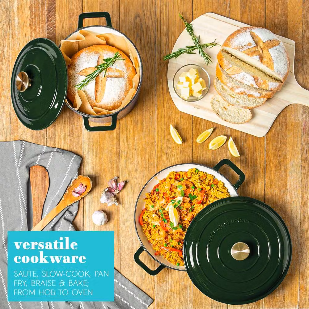 Argon Tableware 2x Shallow Cast Iron Casserole Dishes with Self-Basting Lid, 2.3L, Green – 4