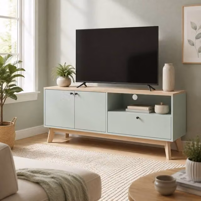 STILVORA Green MDF TV Stand with Adjustable Shelf, 2 Doors and Grommet