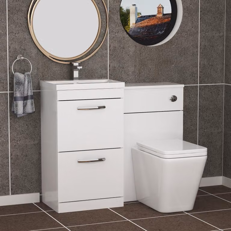 Royal Bathrooms Gloss White 1000mm 2 Drawer Vanity Unit with Mid Edge Basin and Slim Elena Back to Wall Toilet