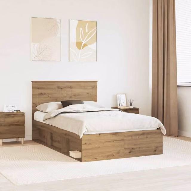 Berkfield Home Artisan Oak and Solid Pine Wood Bed Frame with Drawers, Brown, W: 135 cm, L: 190 cm