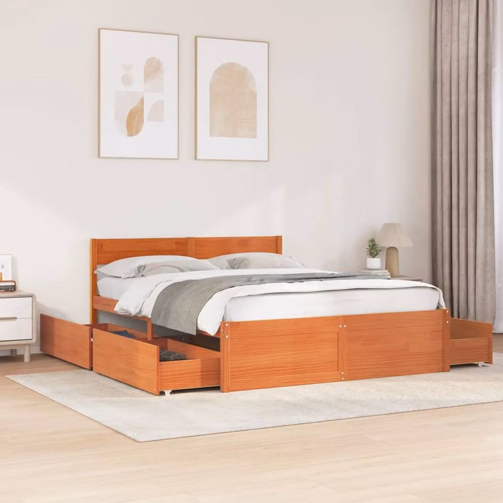 Berkfield Home Wax Brown Solid Wood Pine Bed Frame with Drawers W/D/H: 160 x 200 cm – 2
