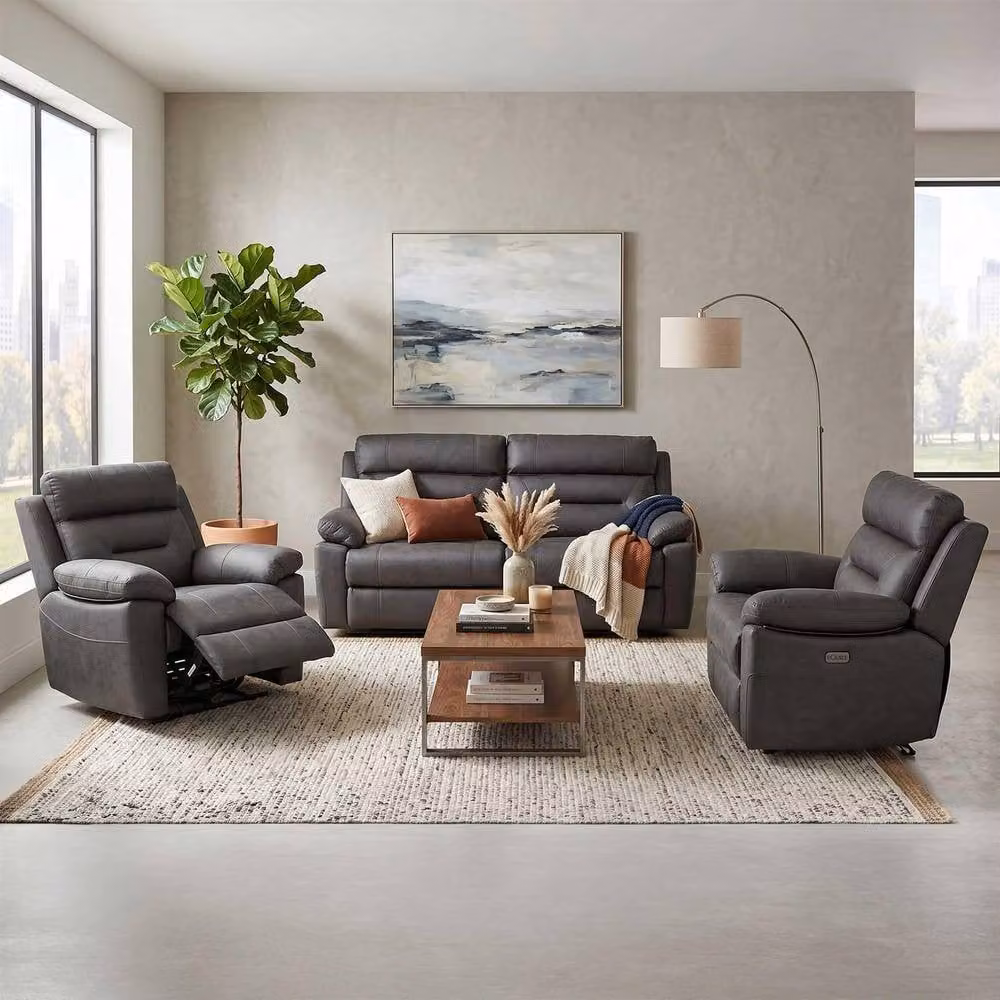 Furnishings For Less UK Lucy 3 Piece Reclining Sofa Suite in Grey with 3 Seater Sofa and 2 Armchairs featuring USB Charging and Motorised Seats – 1