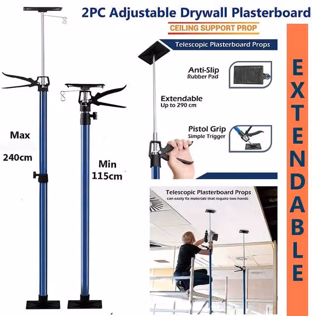ATEK 2-Piece Blue Steel Extendable Telescopic Builders Props for Ceiling Drywall Plasterboard Support, 115-290 cm