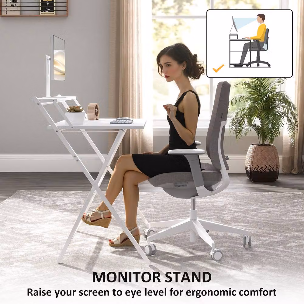 HOMCOM White Folding Computer Desk for Home Office and Bedroom – 3