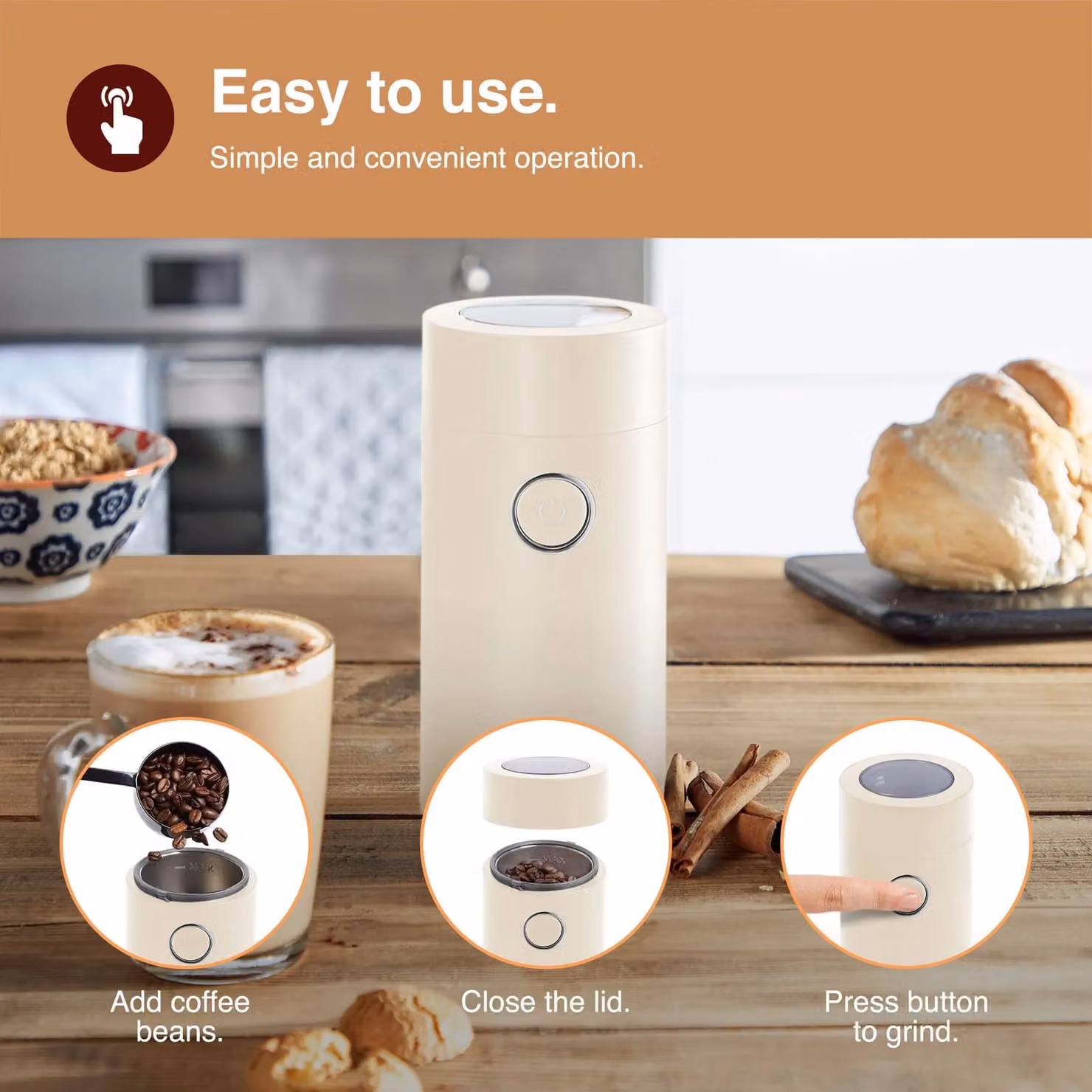 VonShef Electric Coffee and Spice Grinder with Stainless Steel Blades, 150W, Beige, 60g Capacity – 3