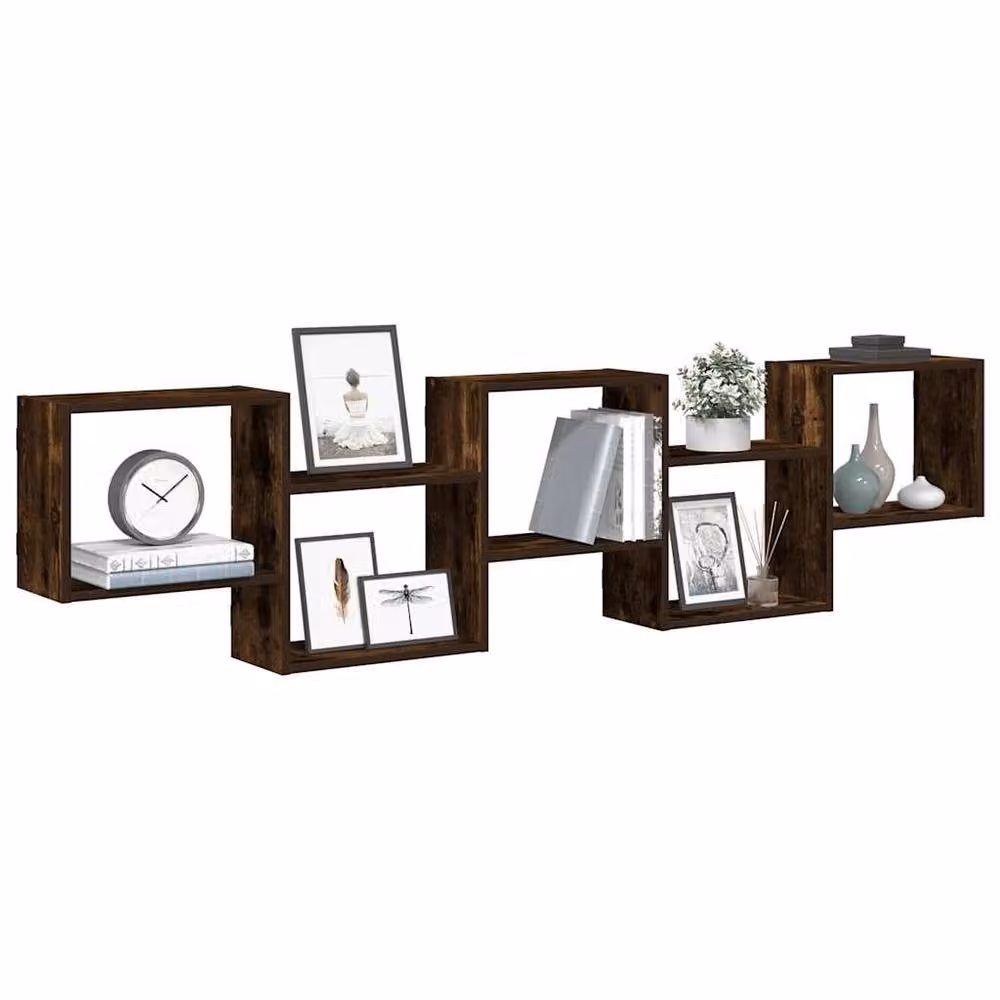 Berkfield Home Wall Mounted Cube Shelf with 5 Compartments in Smoked Oak Brown – 2