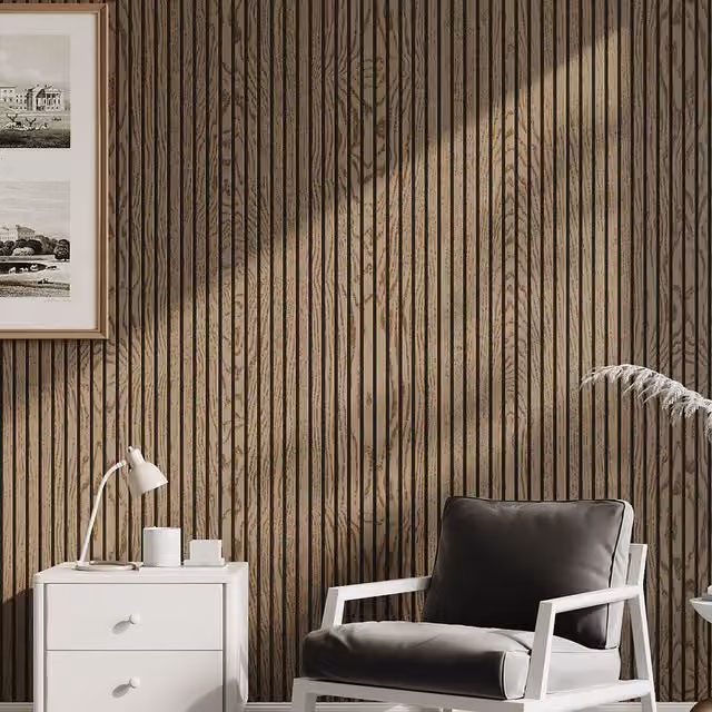 Livingandhome Brown Wood-Look PVC Striped Wall Panels