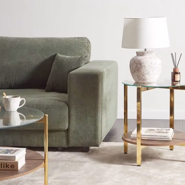 Wyld Haus Gold and Brown Round Side Table with Tempered Glass Top and Wood Shelf, Diameter: 50 cm – 1