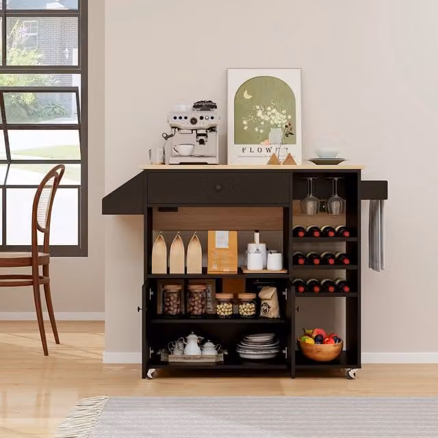 COSTWAY Modern Black Drop Leaf Kitchen Island Cart with Wood Finish