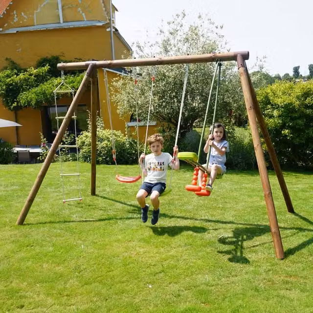 Soulet Gabin Triple Wooden Swing Set with Rope Ladder in Brown