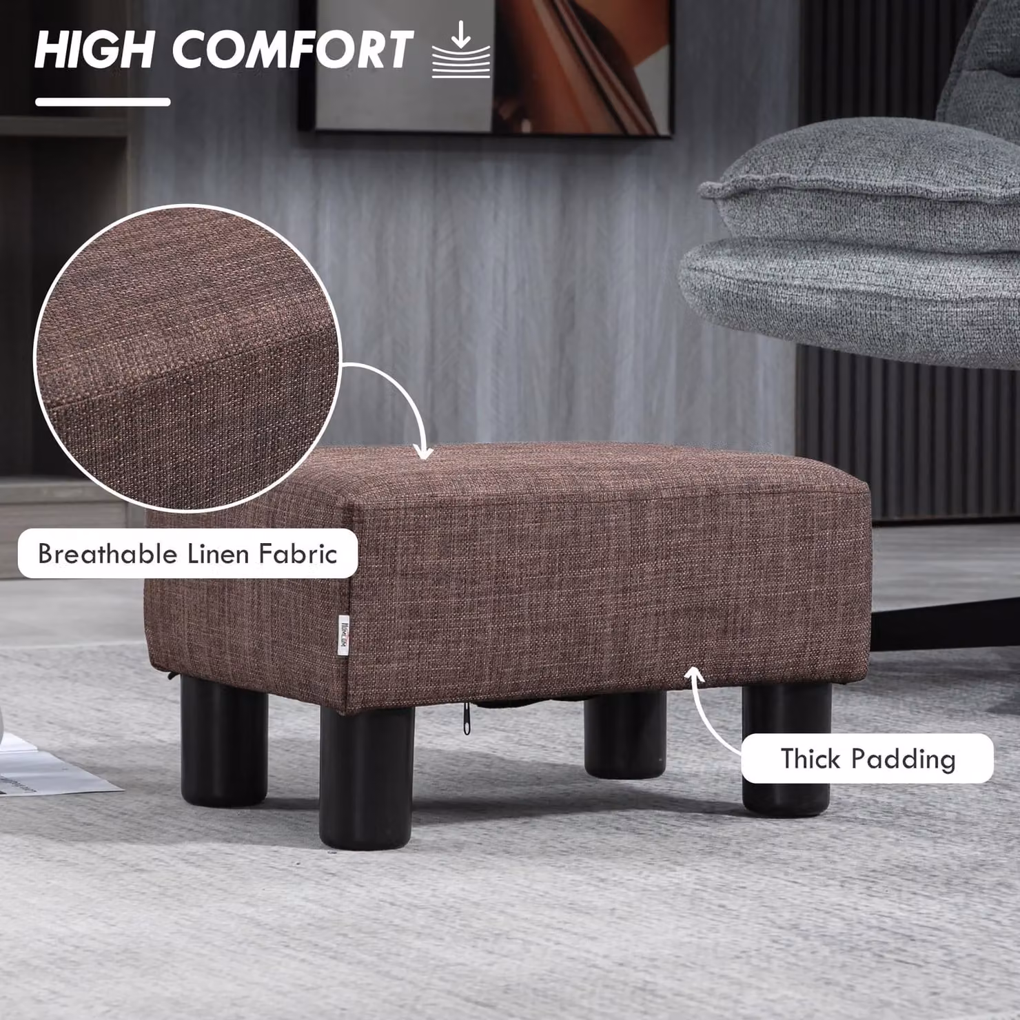 HOMCOM Brown Fabric Cube Footstool Ottoman with Plastic Legs, W/D/H: 40 x 40 x 30 cm – 4