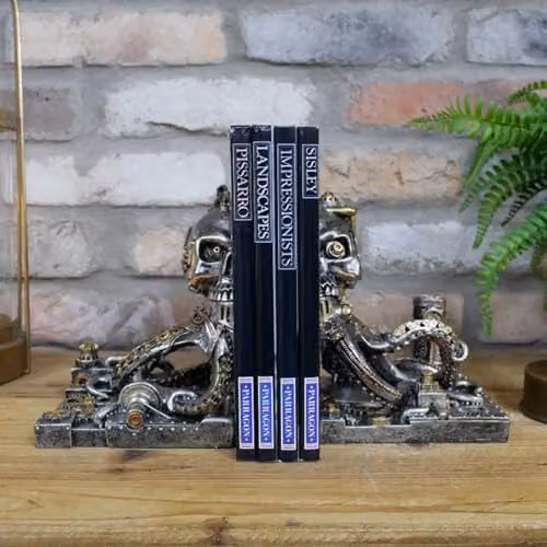 Gifts Direct 2 U Steampunk Octopus Skull Metal Bookends in Gold and Multicolour, 2-Piece Set – 2