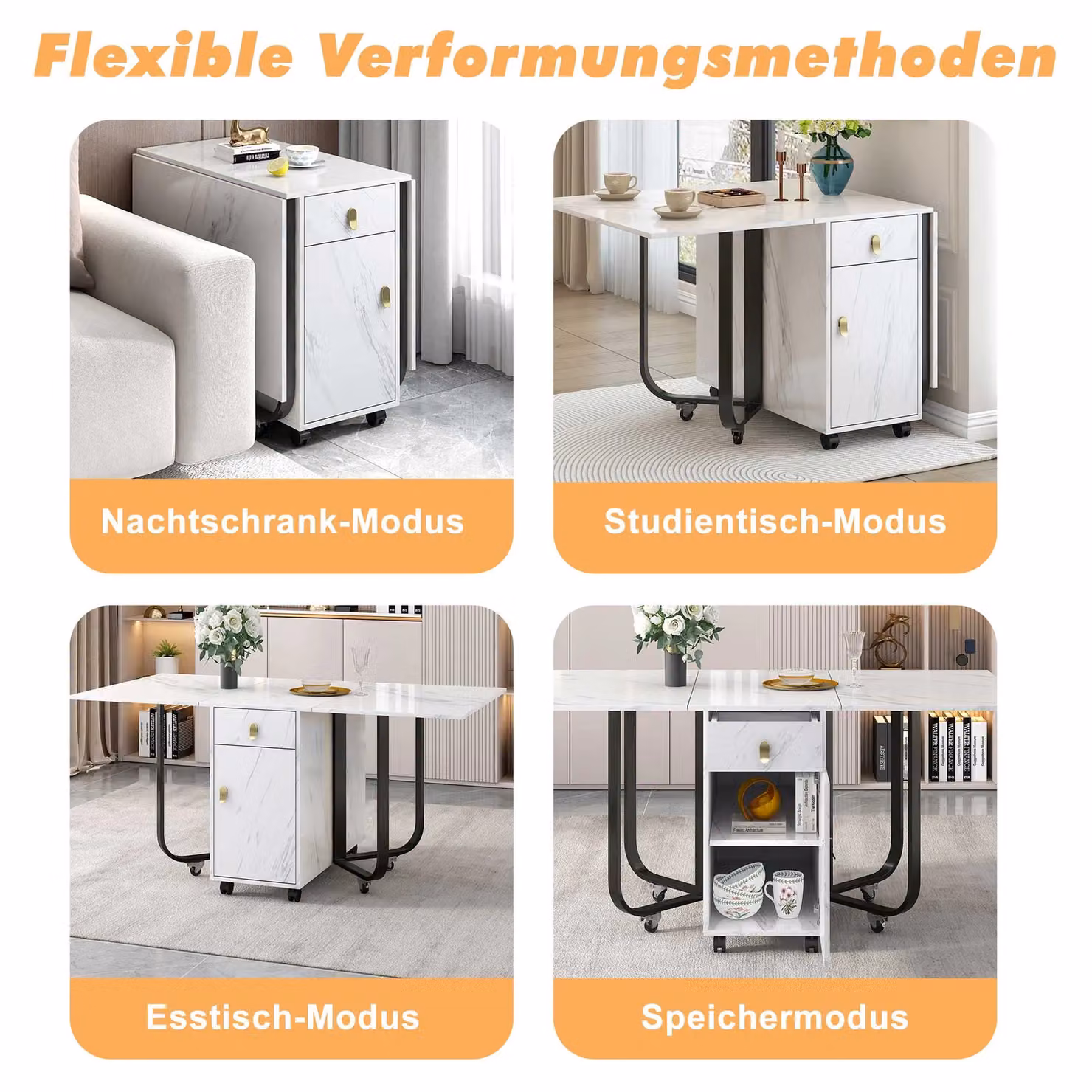 Matteo Modern Glossy White and Gold Space-Saving Folding Dining Table with Cupboard and 2 Drawers – 3