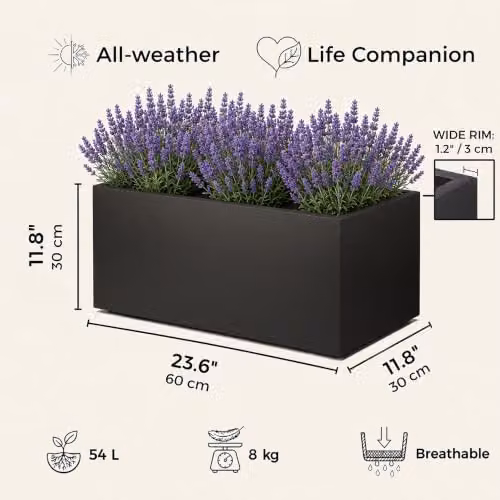 IDEALIST Large Black Reinforced Stone Trough Planter, 54L – 2