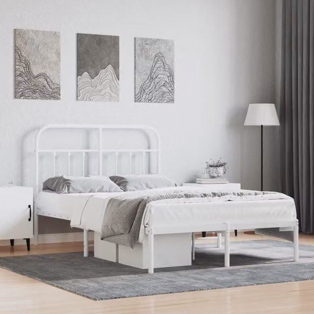 Berkfield Home Metal Bed Frame with Headboard in White, W/D/H: 120 x 190 cm Small Double – 1