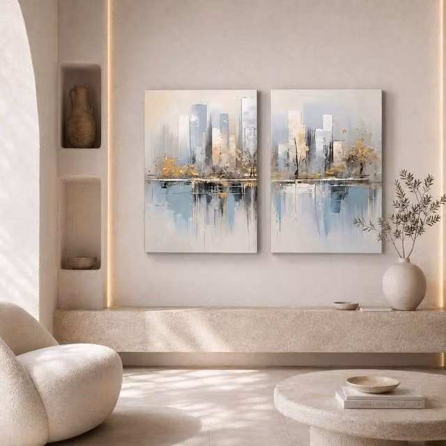 Mafett Abstract Blue Gold and Grey Cityscape Diptych Canvas Wall Art