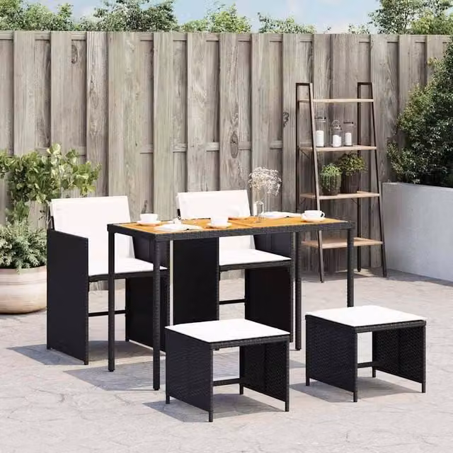 Berkfield Home 5 Piece Black Poly Rattan Garden Dining Set with Acacia Wood Table and Cushions