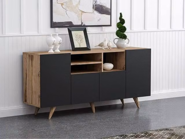 Vente-unique MOSTIA Modern Sideboard with 4 Doors and 3 Niches in Black and Natural, W/D/H: 160 x 42 x 75 cm
