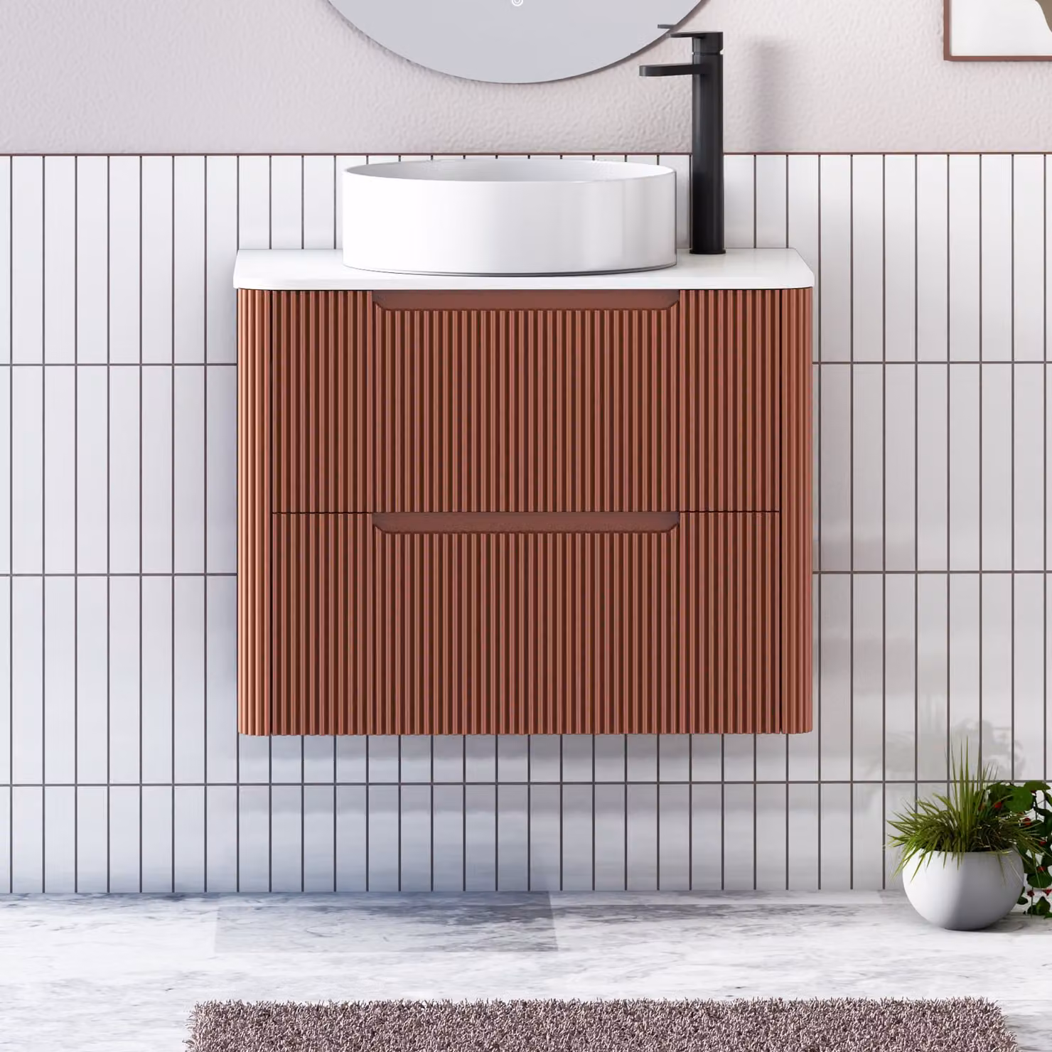 Royal Bathrooms Avenza 600mm Wall Hung Vanity Unit in Terracotta with 2 Drawers and Plain White Worktop with Art Round Basin