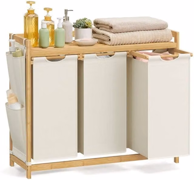 Kelvenix White Laundry Basket with 3 Compartments and Removable Bag