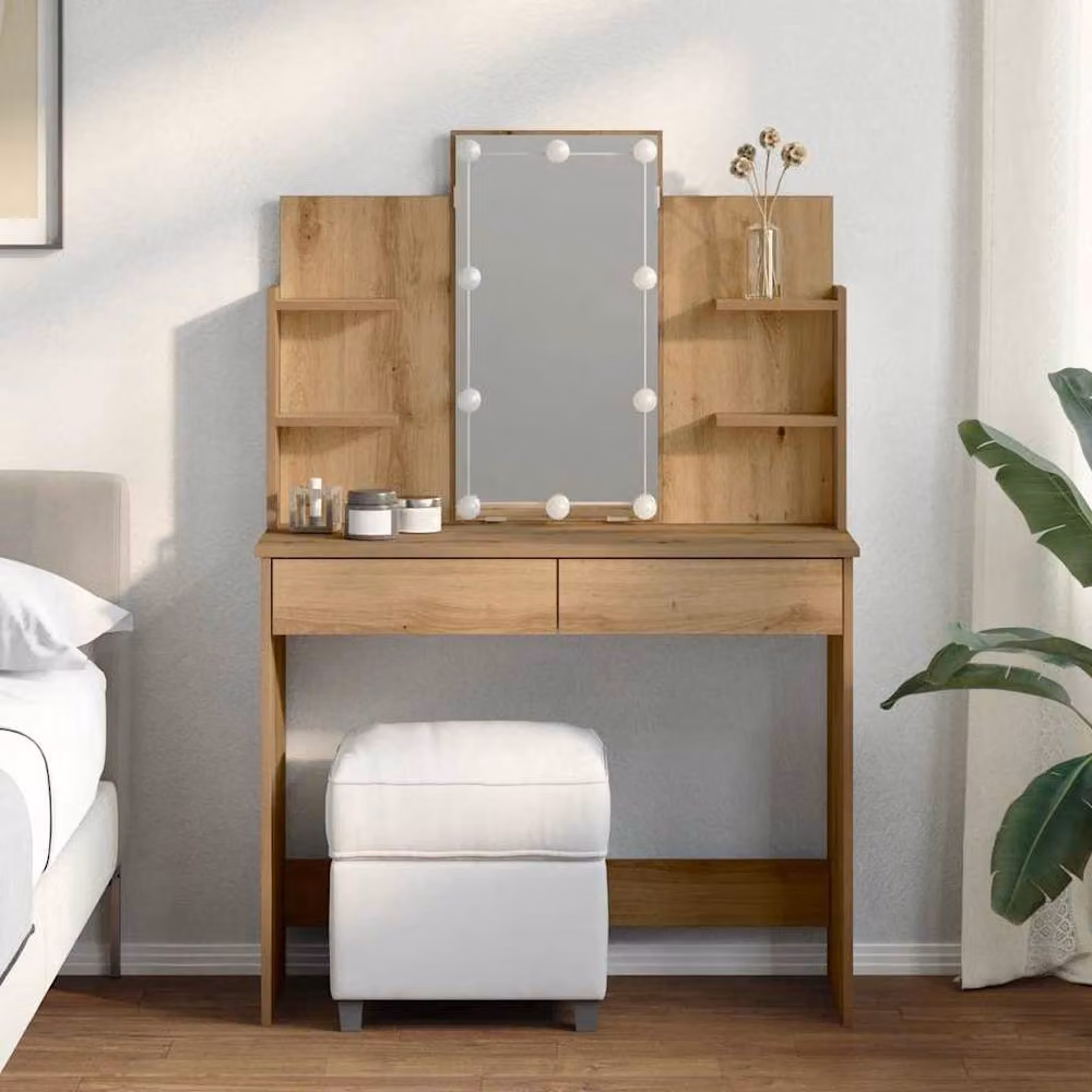 Berkfield Home Beautiful Dressing Table with LED Lights in Artisan Oak Brown, W/D/H: 96 x 40 x 142 cm – 2