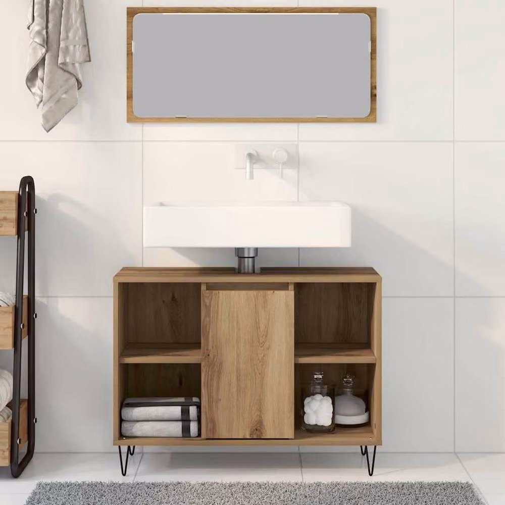 Berkfield Home Artisan Oak Bathroom Vanity Unit with Sliding Doors in Brown – 3