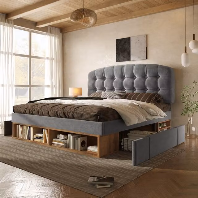 AKA Grey Velvet Upholstered Single Bed with Storage Drawers, W/D/H: 90 x 190 cm