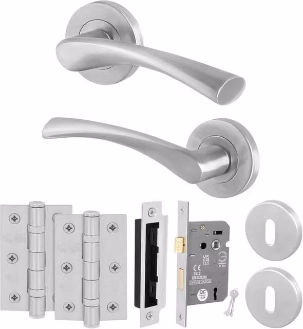 AFIT Satin Nickel Lock Door Handle Rose Set, 1 Pair, Silver, W: 15.0 cm x H: 15.0 cm – 1