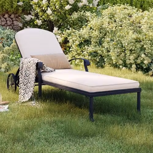CHARLES BENTLEY Cast Aluminium Sun Lounger Recliner with Beige Cushion, Black