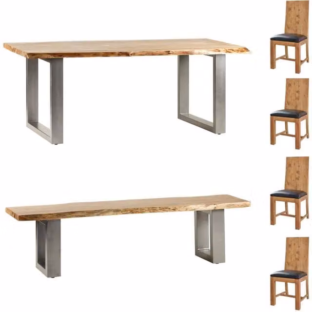 IH Design Acacia Wood Live Edge Dining Set with 4 Chairs and 1 Bench in Brown and Black