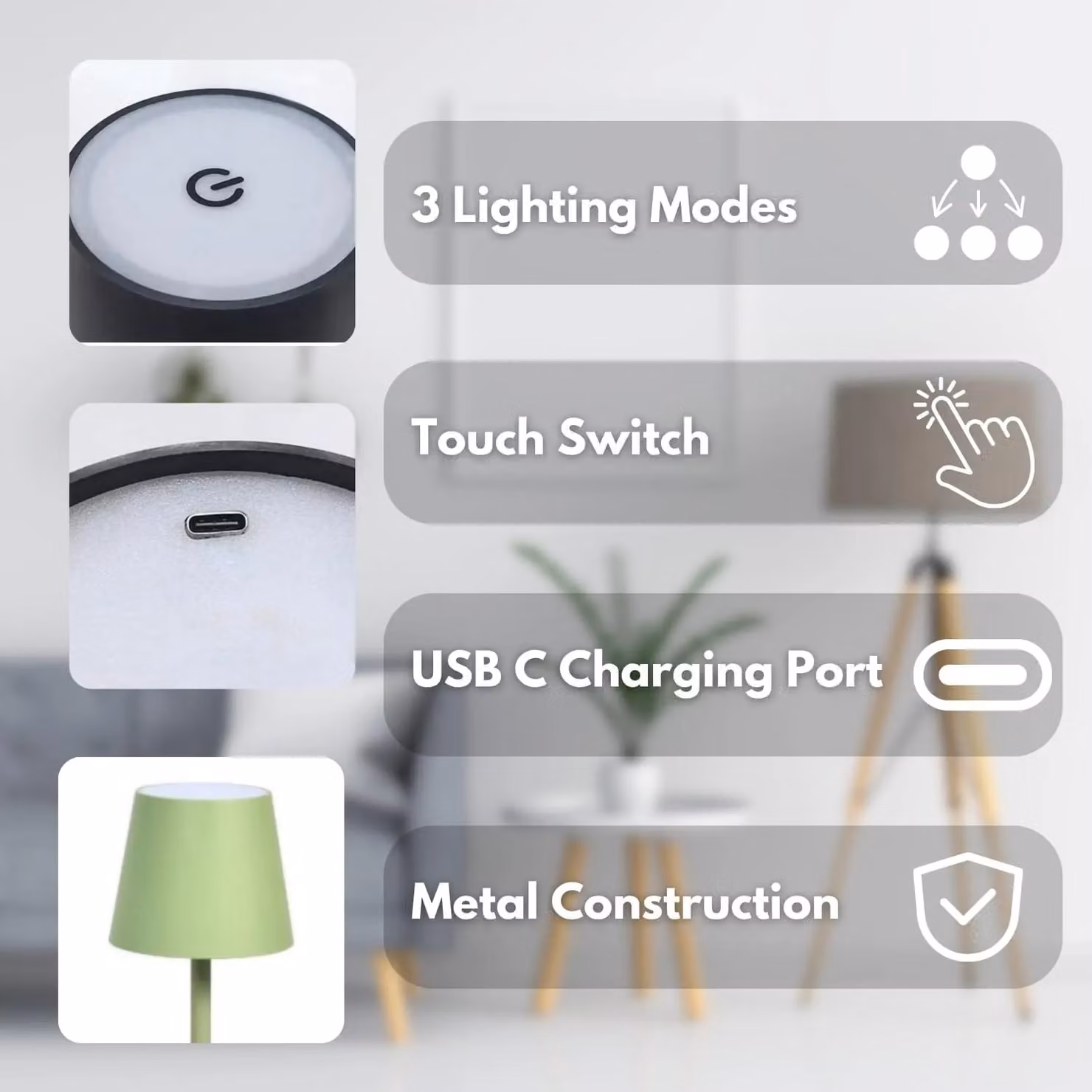 Marco Paul Pack of 2 Green Metal Rechargeable LED Table Lamps, Dimmable, Height: 33 cm – 4