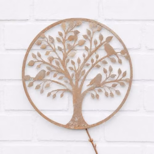 Melody Maison Rustic Metal Floral Tree and Bird Wall Plaque in White and Beige, 30 x 30 cm