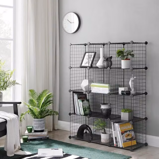 SONGMICS 12-Cube Metal Wire Grid Storage Rack with PP Sheets in Black – 1